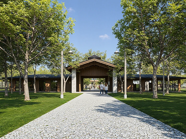 Tree-lined cobblestone entrance path leading to the private residences at Hacienda La Danesa