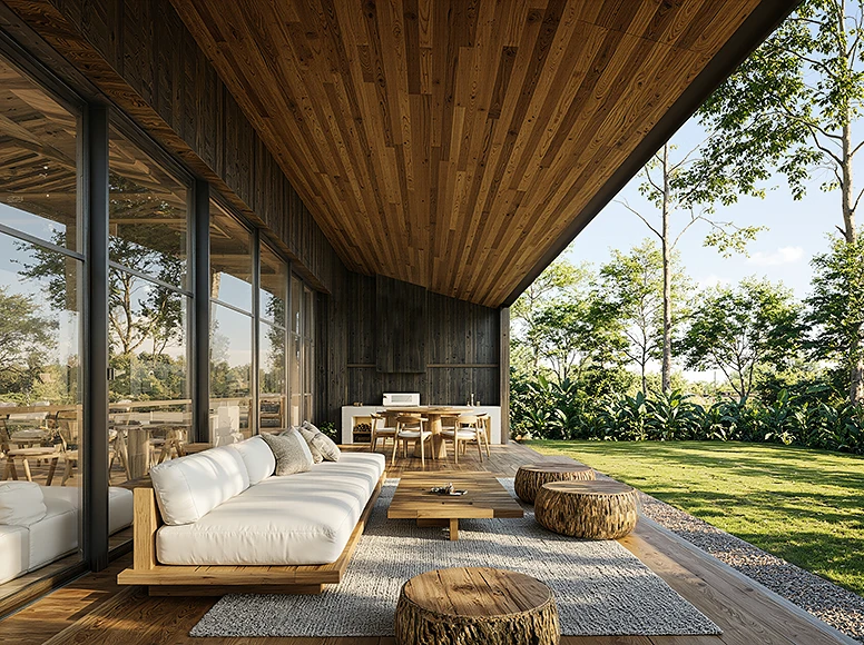 Private residence terrace at Hacienda La Danesa with white linen sofa, wood coffee table and garden view
