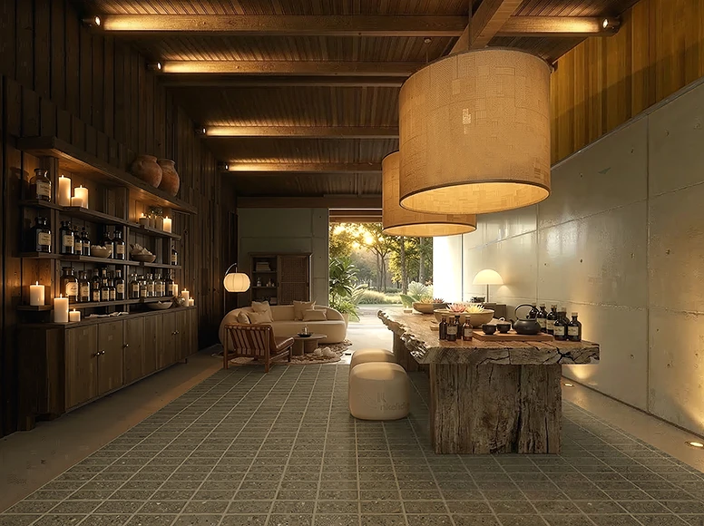 Wellness lounge at Hacienda La Danesa with live-edge wood table and botanical oils