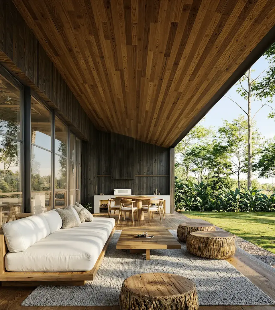 Private residence covered terrace at Hacienda La Danesa with outdoor kitchen, linen sofa and tree stump stools overlooking tropical gardens