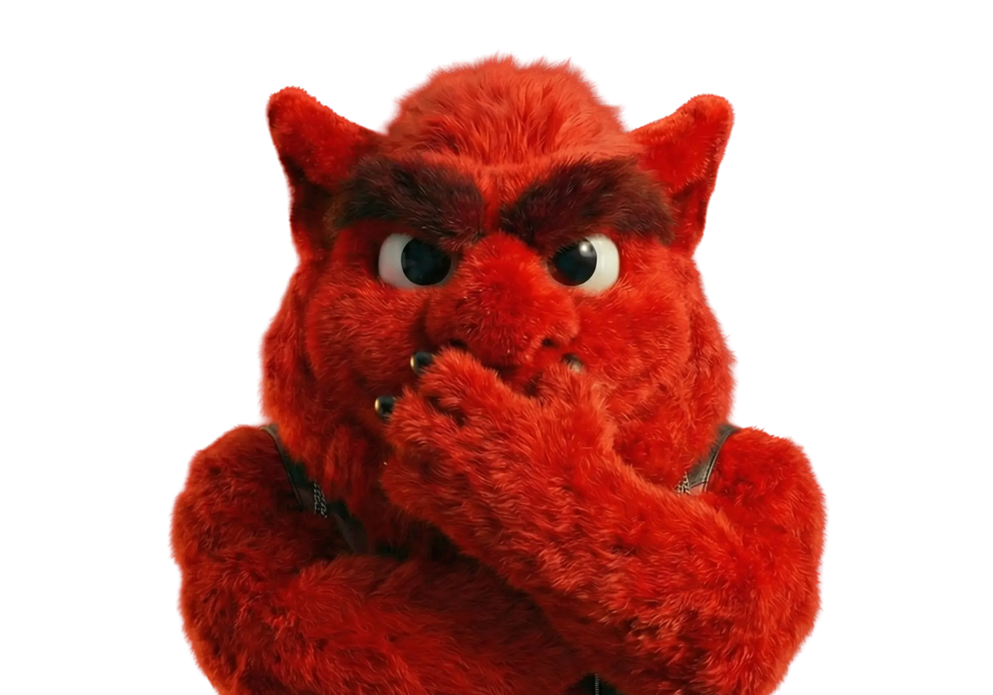 Red furry character with large eyebrows covering its mouth and crossing its arms.