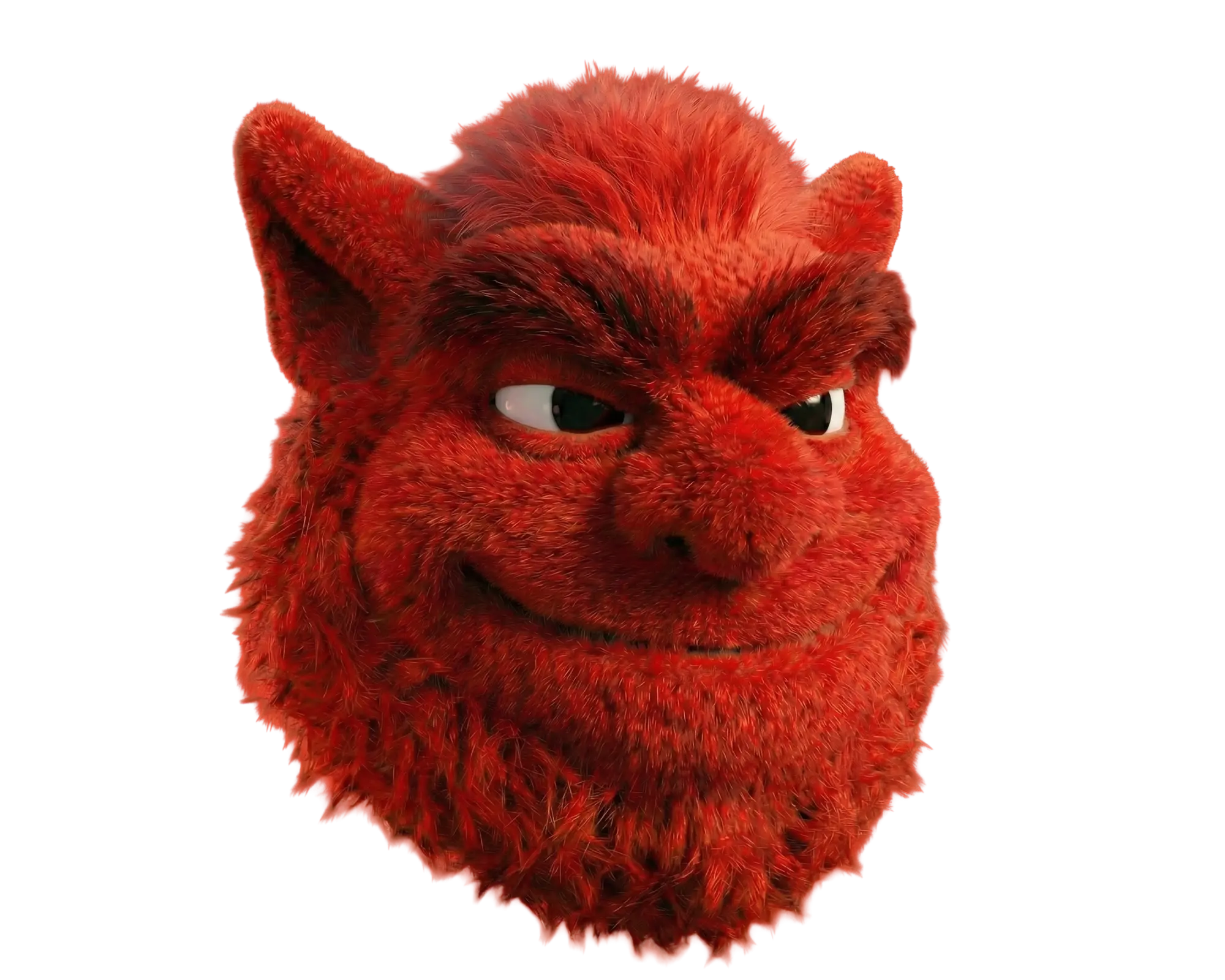 Close-up of a furry red creature head with pointed ears, large nose, thick eyebrows, and a sly smile.