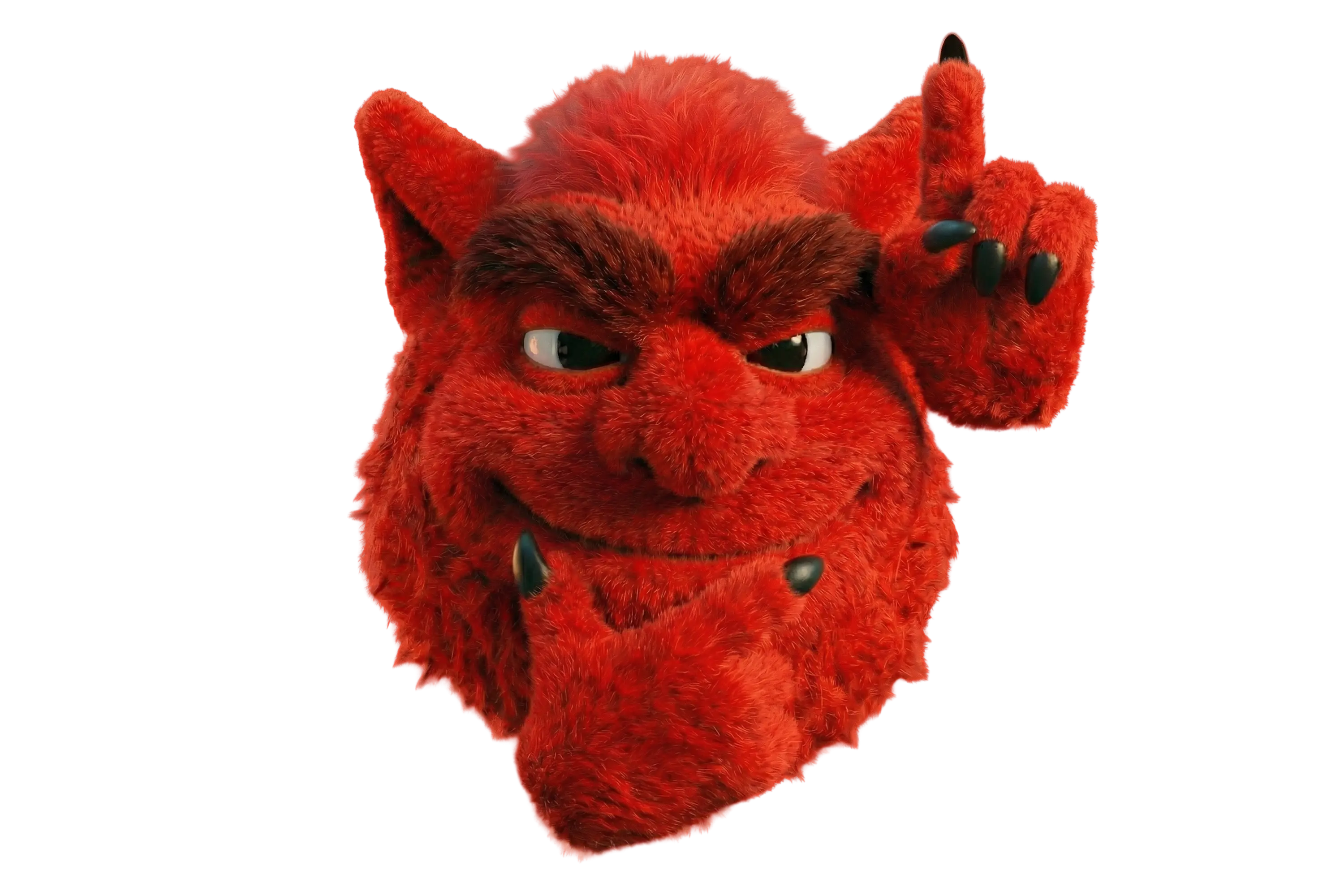 Smiling red furry devil face with raised right hand pointing up.
