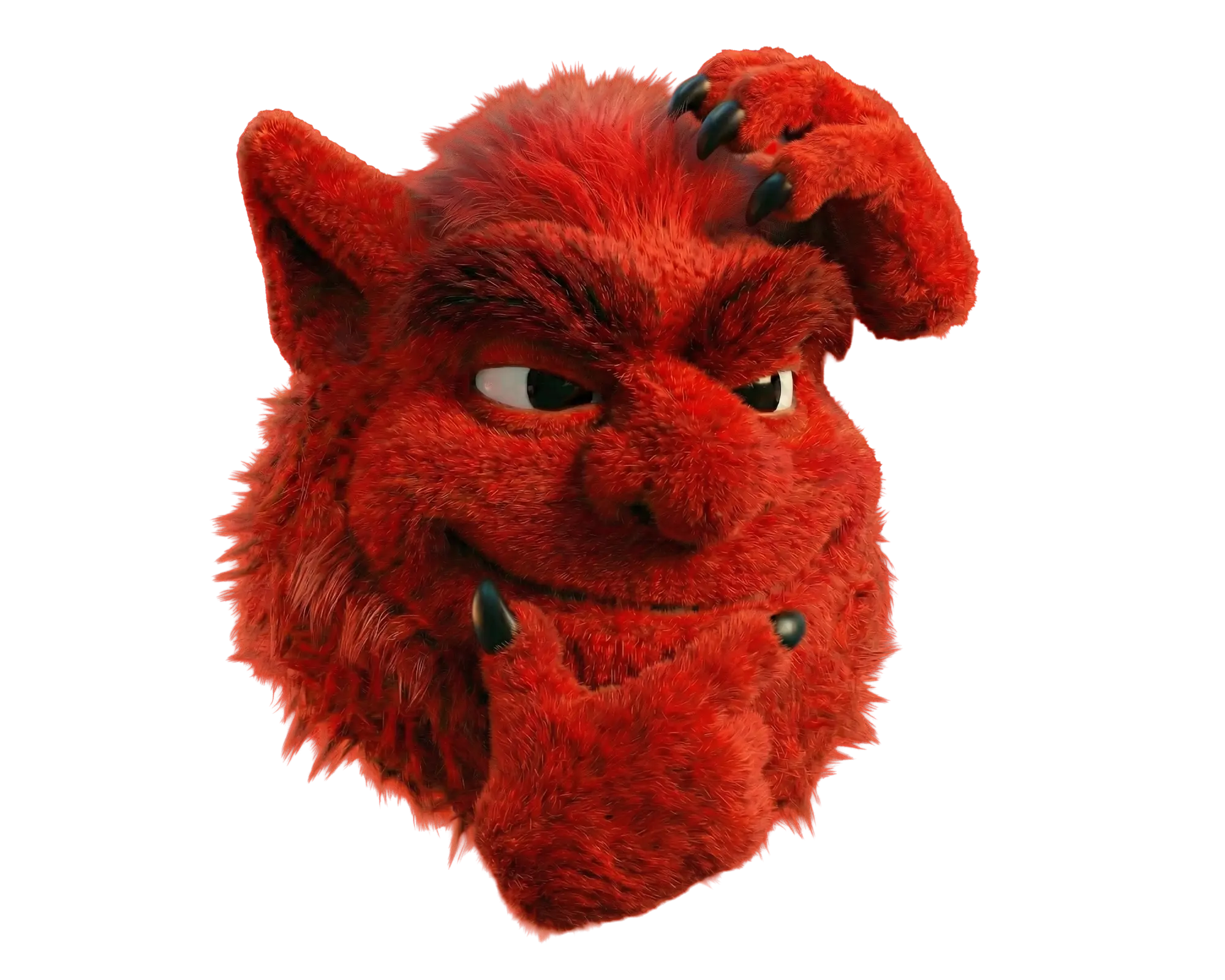Red furry creature with black claws scratching its head and a mischievous smile.