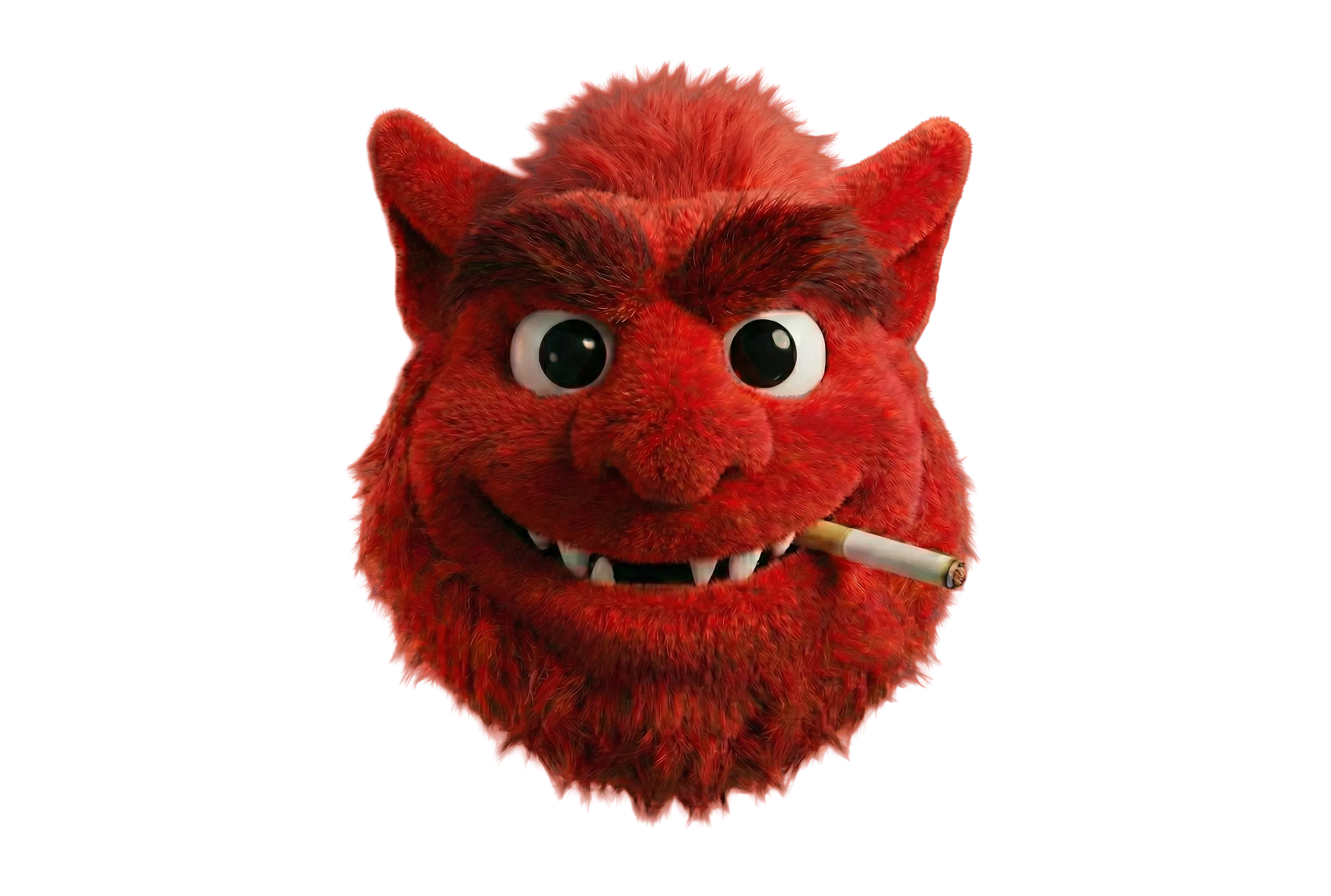 Red furry monster head with big eyes, pointy ears, and a cigarette in its mouth.