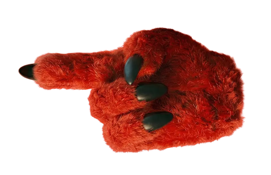Red furry monster hand making a rock and roll sign with black claws on a transparent background.