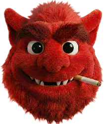 Red furry monster face with pointed ears, big eyes, sharp teeth, and a cigarette in its mouth.