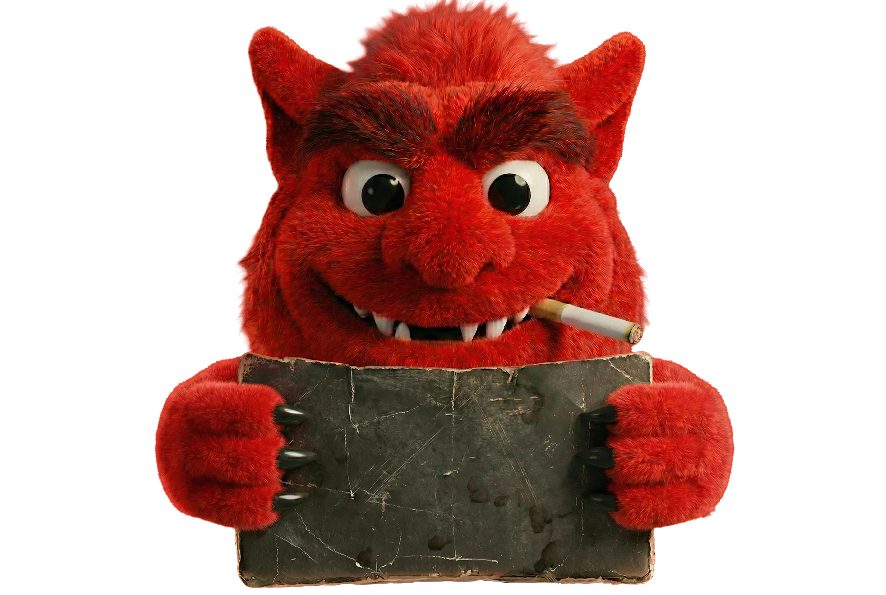 Red furry monster with horns holding a worn black sign, smoking a cigarette.