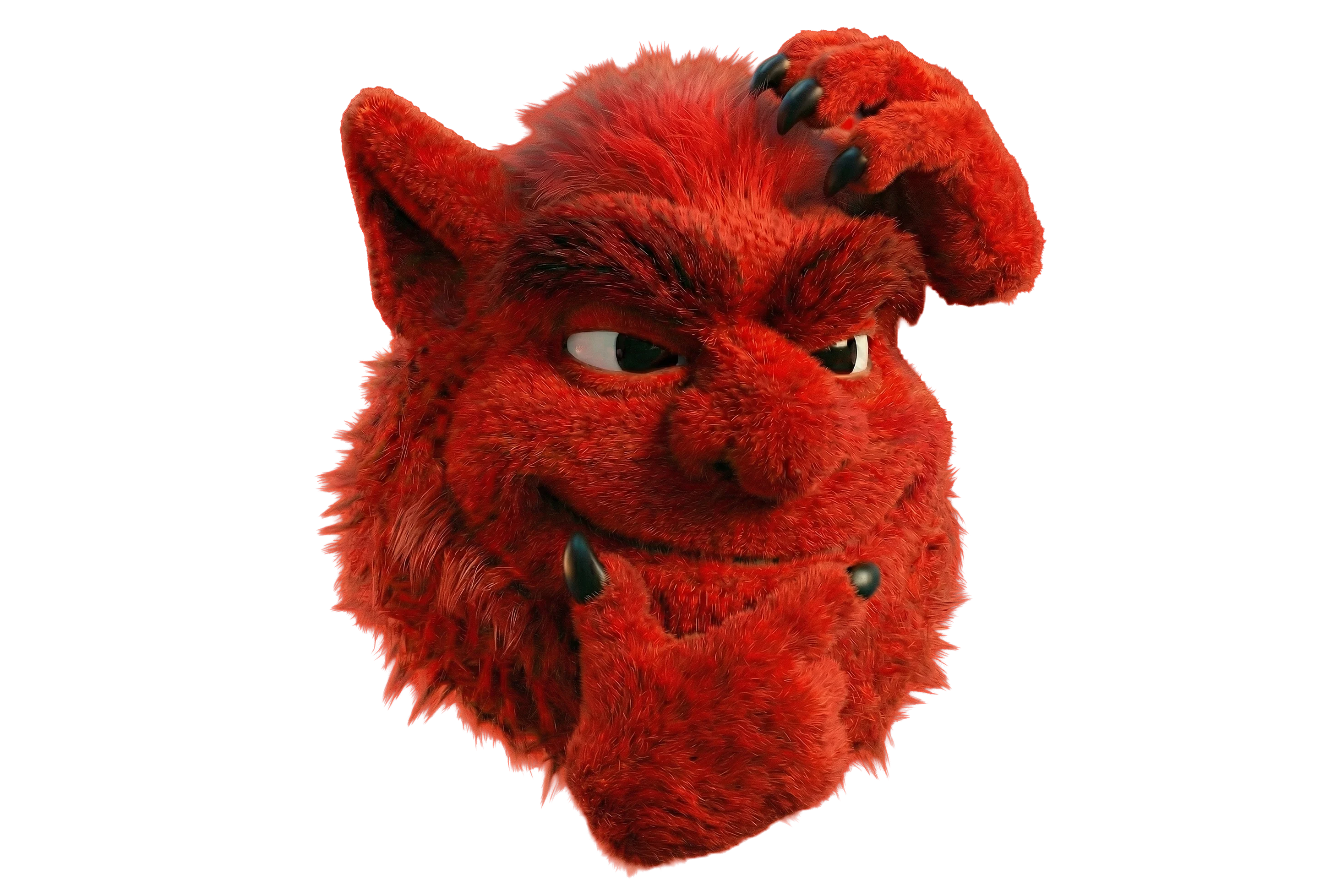 Red furry monster head with horns and claws, looking sly and thoughtful.