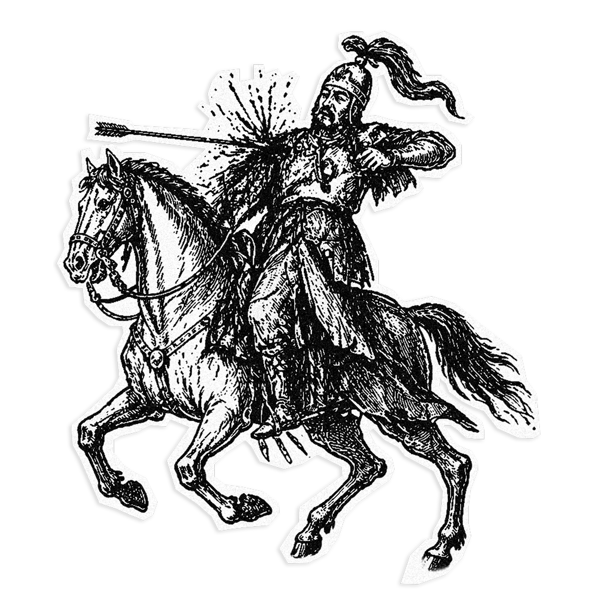 Black and white illustration of a warrior on horseback hit by an arrow in the chest.