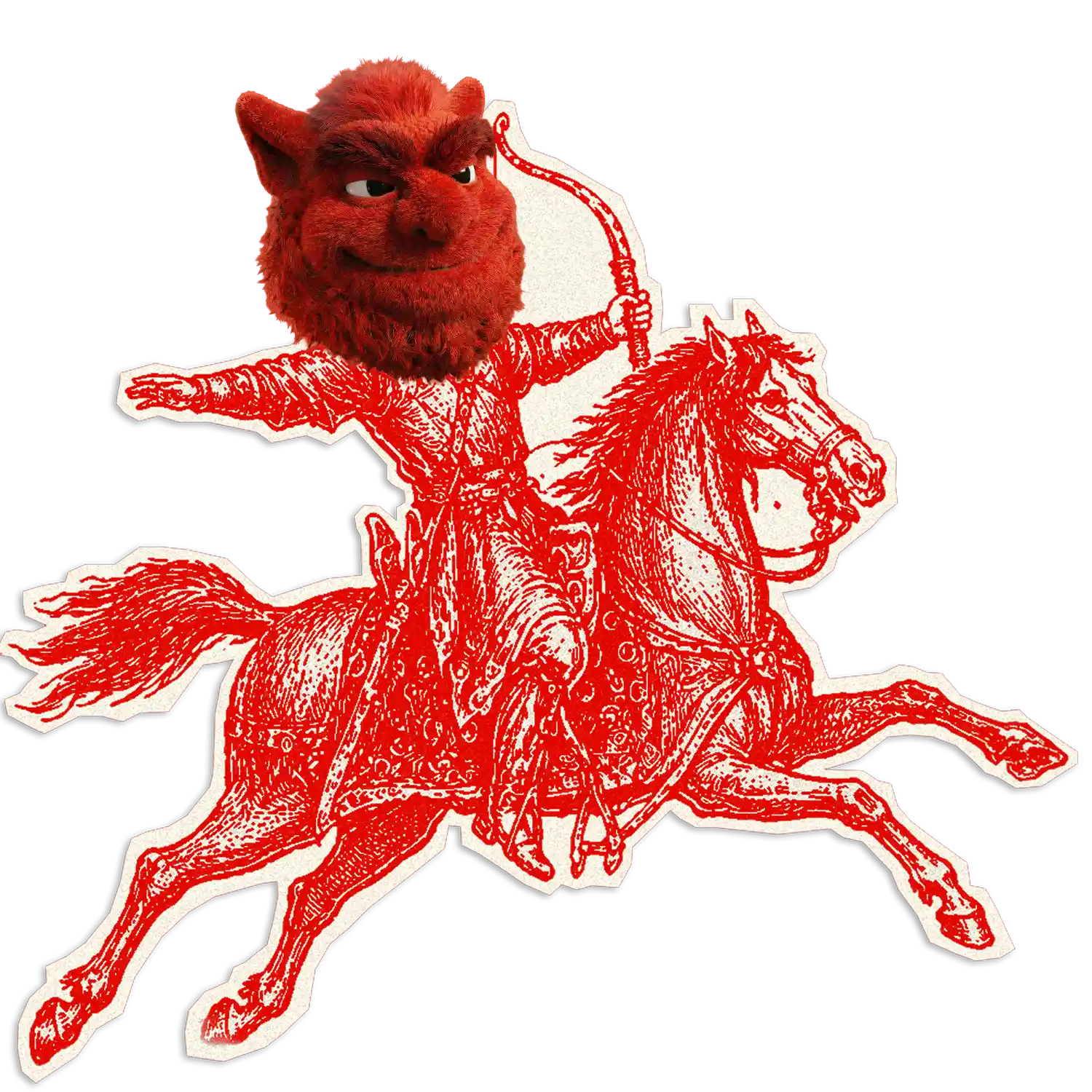 Red illustration of an archer on a horse with a large red cartoon devil head.