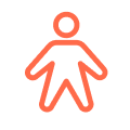 Orange stilisierte menschliche Figur mit ausgebreiteten Armen und Beinen.