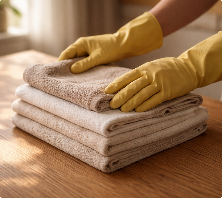 Hände mit gelben Gummihandschuhen, die einen Stapel gefalteter beige Handtücher auf einem Holztisch ordnen.