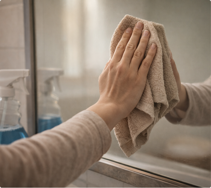 Hand wischt mit einem braunen Tuch einen Badezimmerspiegel sauber.