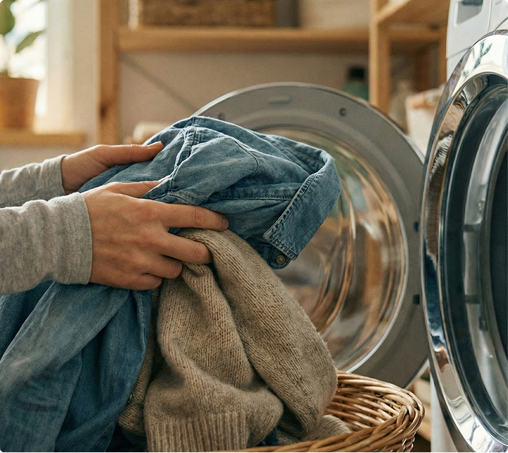 Person steckt Kleidung in eine Waschmaschine, darunter Jeansjacke und Strickpullover.