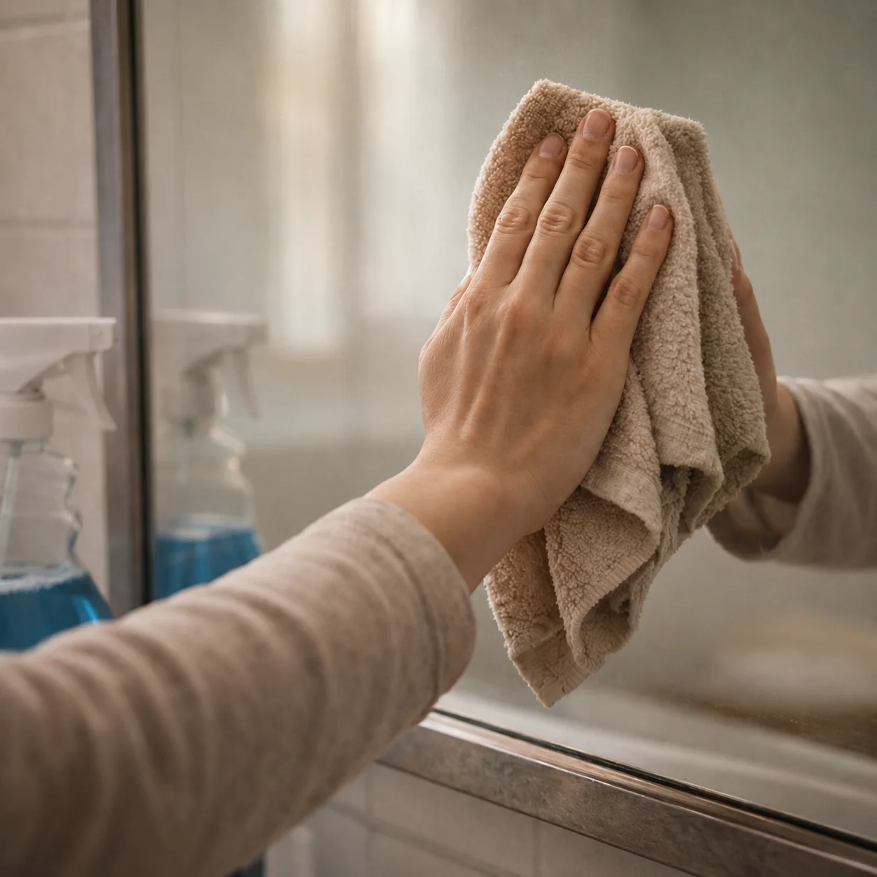 Hand cleaning a mirror with a beige cloth and a spray bottle with blue liquid nearby.
