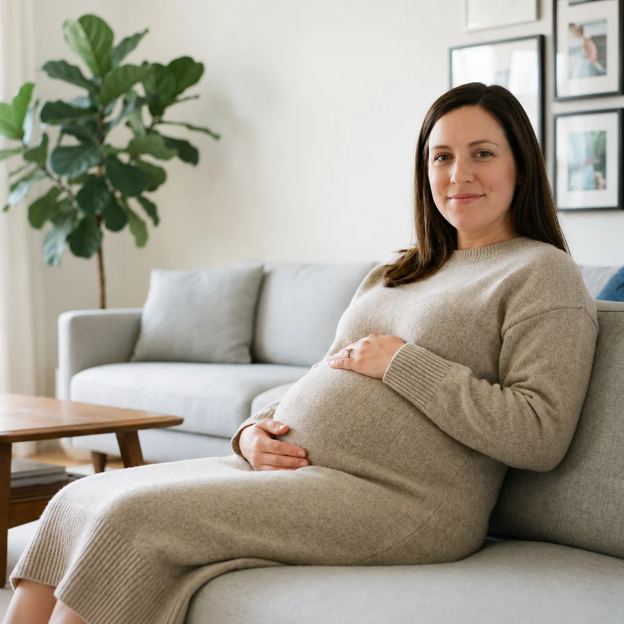 Schwangere Frau in beigem Kleid sitzt lächelnd auf grauem Sofa im Wohnzimmer.