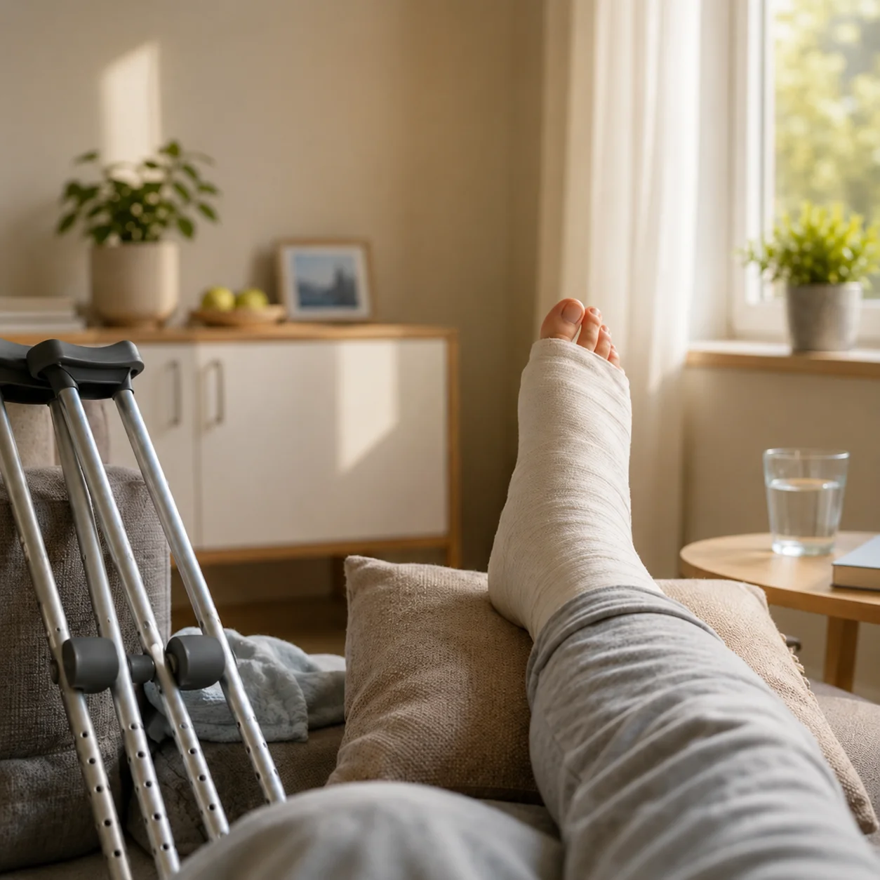 Gepolsterter Fuß mit Verband auf einem Kissen, daneben Krücken, Wohnzimmereinrichtung im Hintergrund.