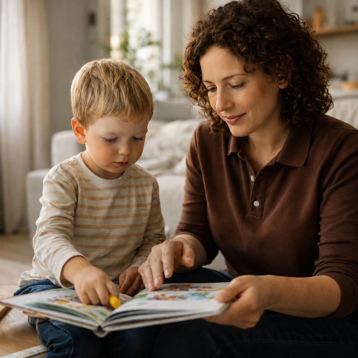 Frau liest mit jungem Jungen ein Buch in einem gemütlichen Wohnraum.