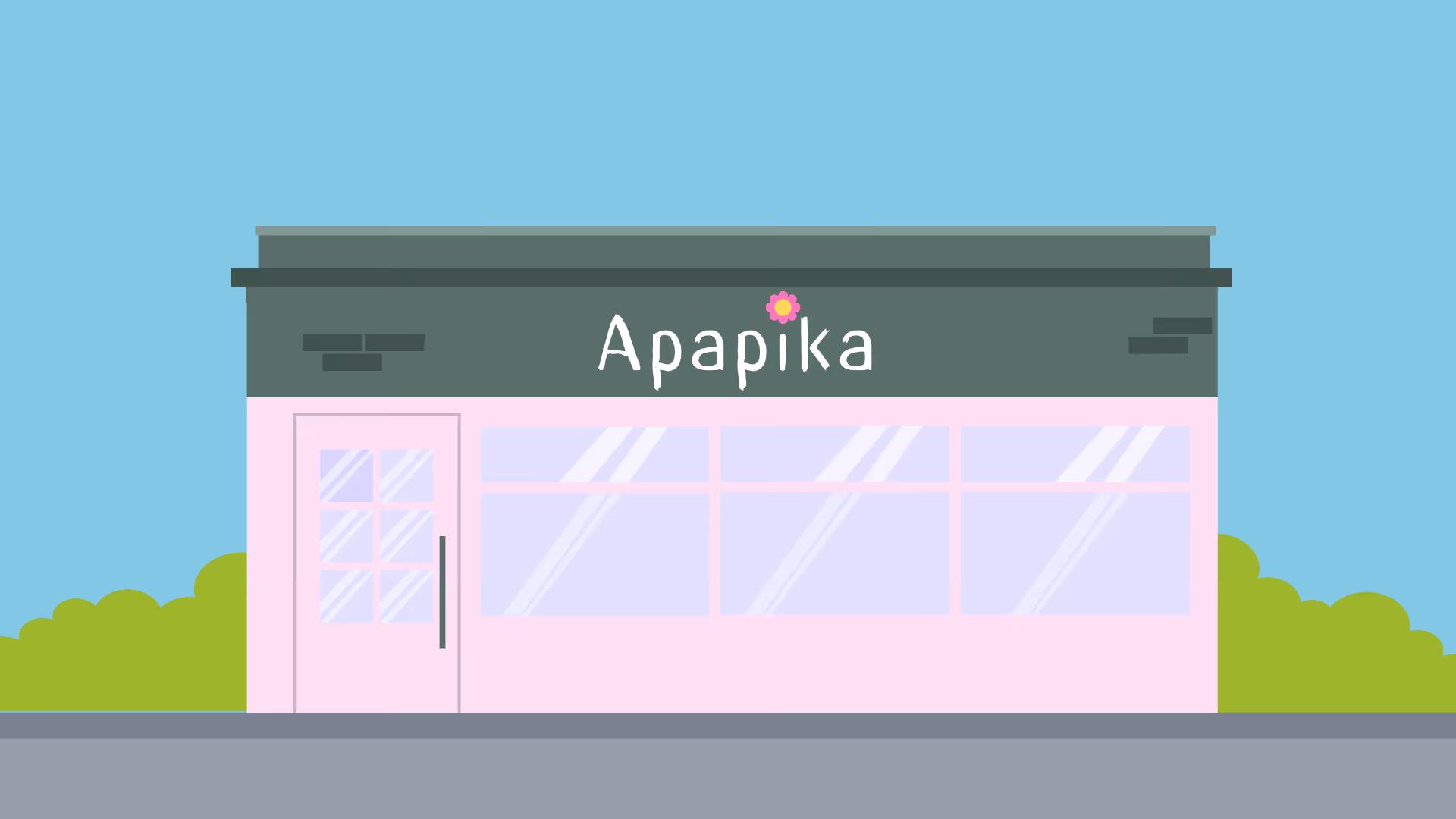 Illustration eines Ladengeschäfts mit rosa Fassade, großen Fenstern und dem Schriftzug Apapika mit einer kleinen Blume darüber.