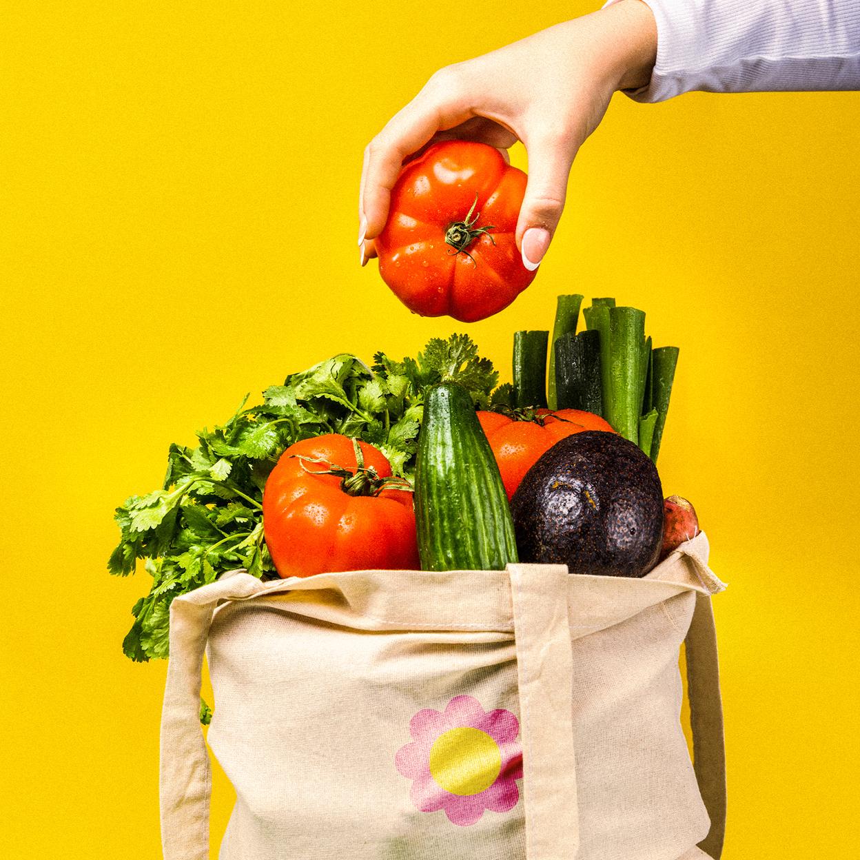 Eine Hand hält eine Tomate über eine Stofftasche gefüllt mit frischem Gemüse wie Tomaten, Gurke, Avocado und Kräutern vor gelbem Hintergrund.