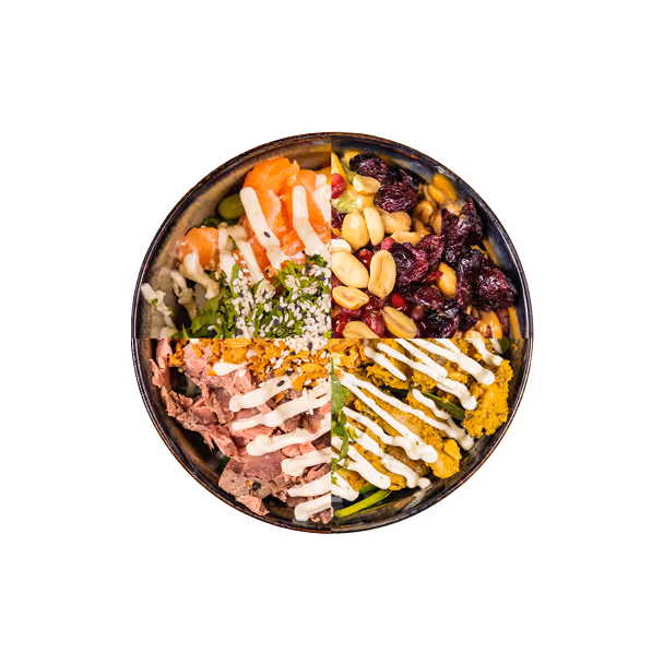 Viereilig geteilte Schüssel mit Lachs, Erdnüssen und Cranberries, Thunfisch und Gemüse, Kürbis und grünem Gemüse, alle mit weißer Sauce garniert.