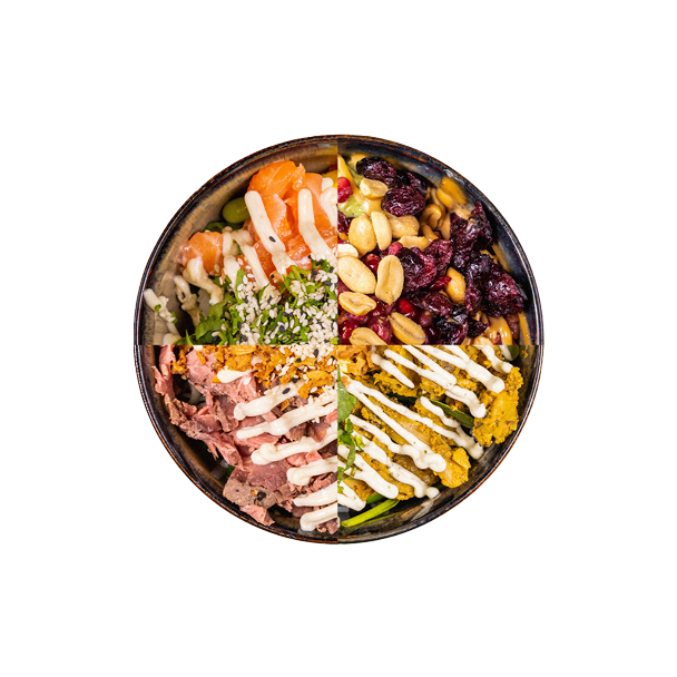 Viereilig geteilte Schüssel mit Lachs, Erdnüssen und Cranberries, Thunfisch und Gemüse, Kürbis und grünem Gemüse, alle mit weißer Sauce garniert.