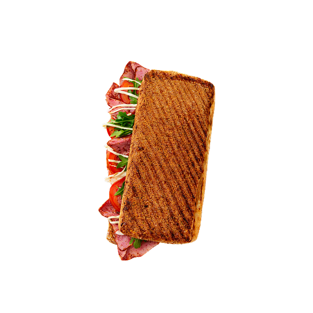 Belegtes Toast-Sandwich mit Roastbeef, Tomaten, Rucola und Mayonnaise.