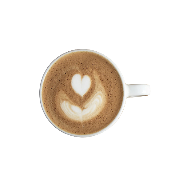 Eine Tasse Cappuccino von oben mit Herz- und Blattmuster in der Milchschaumkunst.