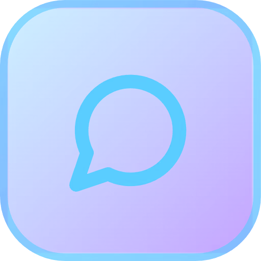 Blue gradient square with rounded corners containing a light blue speech bubble icon.
