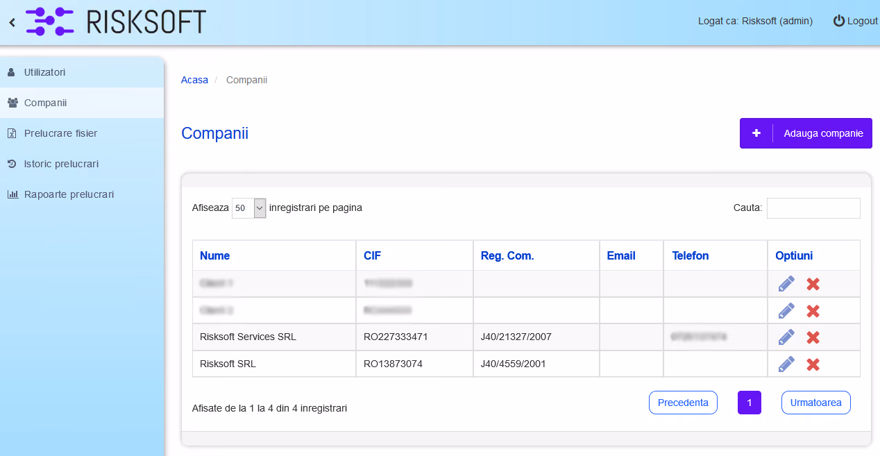 Data.Import Companies management dashboard listing client companies with tax IDs, registration numbers, and edit options