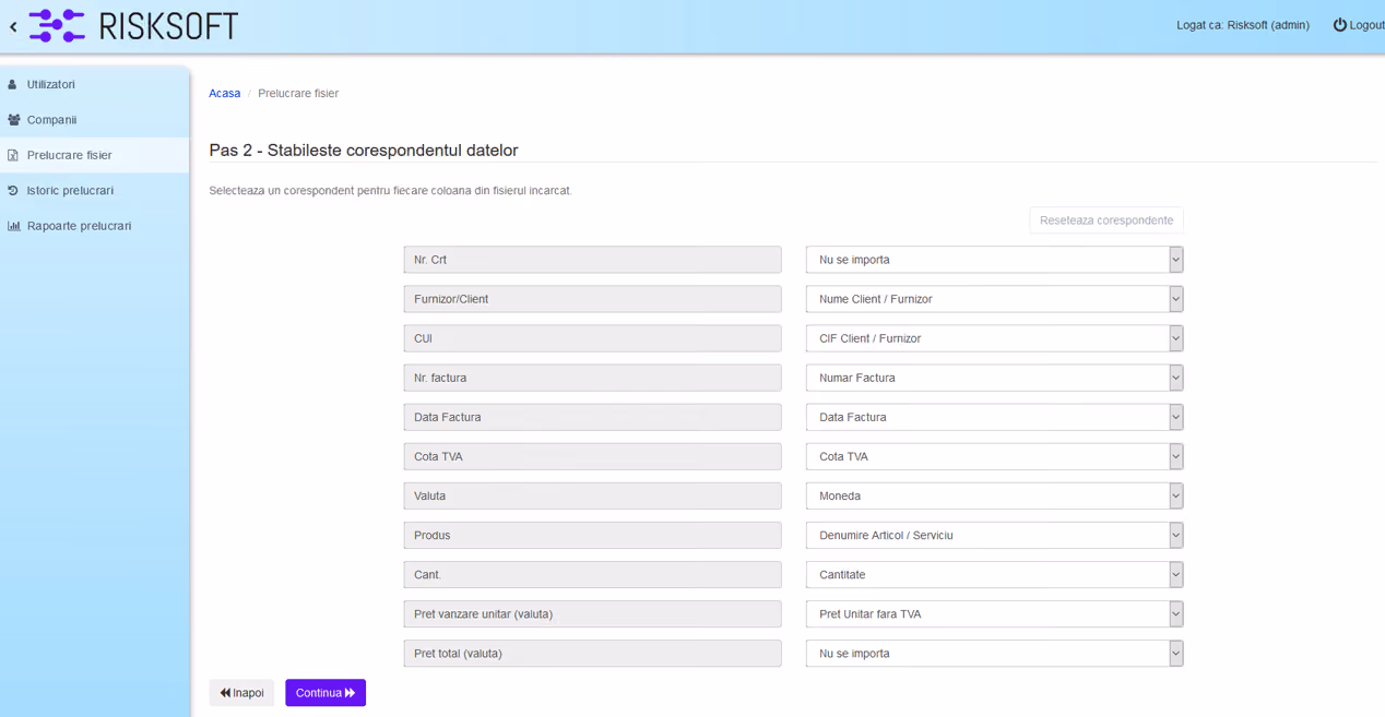 Data.Import mapping interface matching Excel columns to SAGA C invoice fields with dropdown selectors
