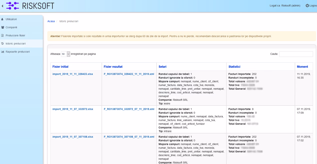 Data.Import processing history with imported Excel files, generated XML files, mapping details, and statistics