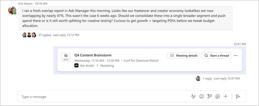 Microsoft Teams: a channel conversation with a scheduled meeting card