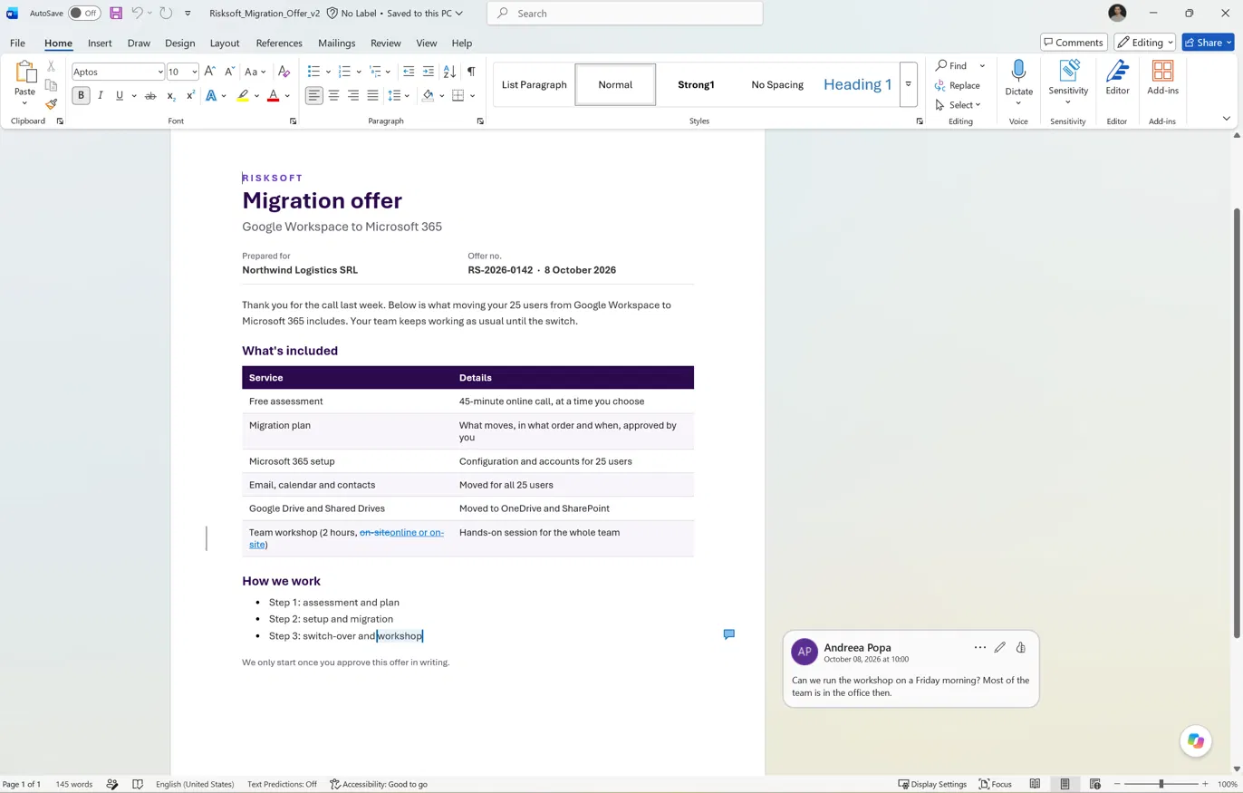 Microsoft Word: a migration offer with a formatted table, a tracked change and a comment
