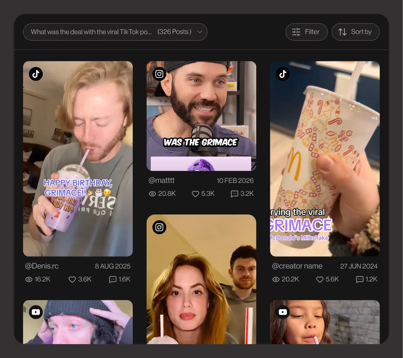 ask-dig social media intelligence results showing TikTok, Instagram, and YouTube viral trend posts