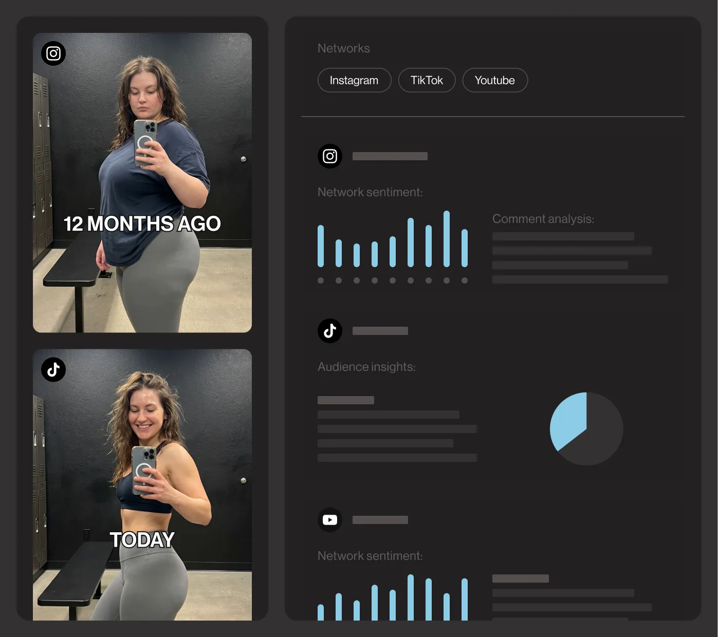 Social media fitness transformation post showing 12 months ago vs today comparison