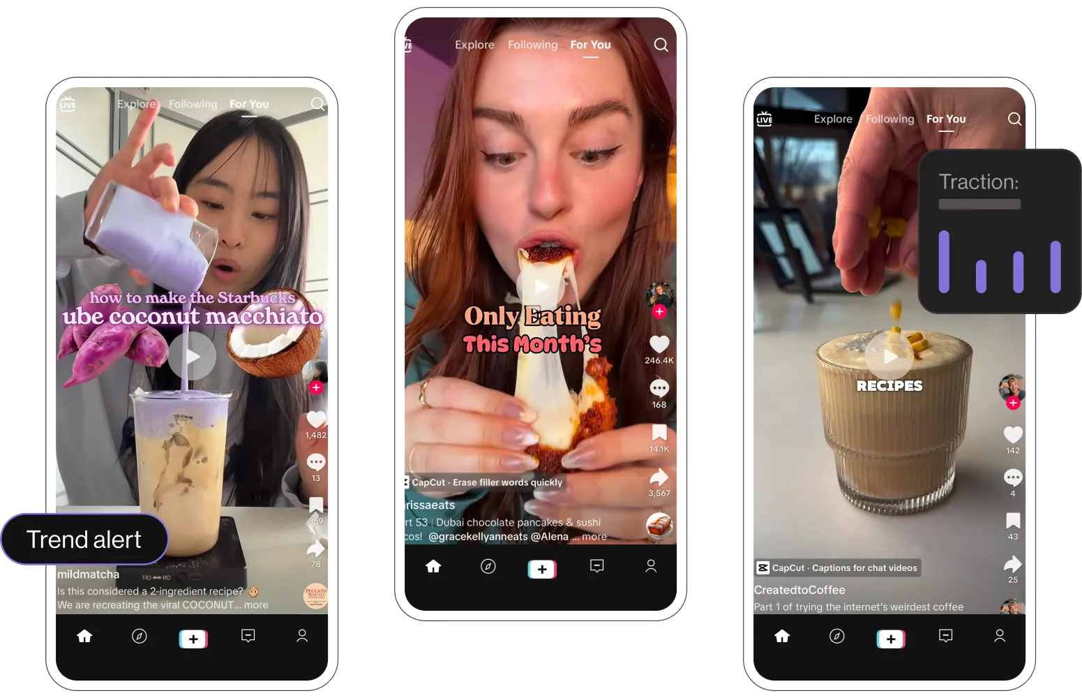 Three TikTok food and drink trend videos analyzed by ask-dig for viral trends and sentiment