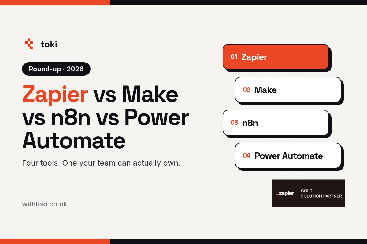 Zapier vs Make vs n8n vs Power Automate: toki's honest UK round-up, with Zapier as the pick