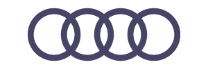 Audi logo with four interlinked rings in dark purple.