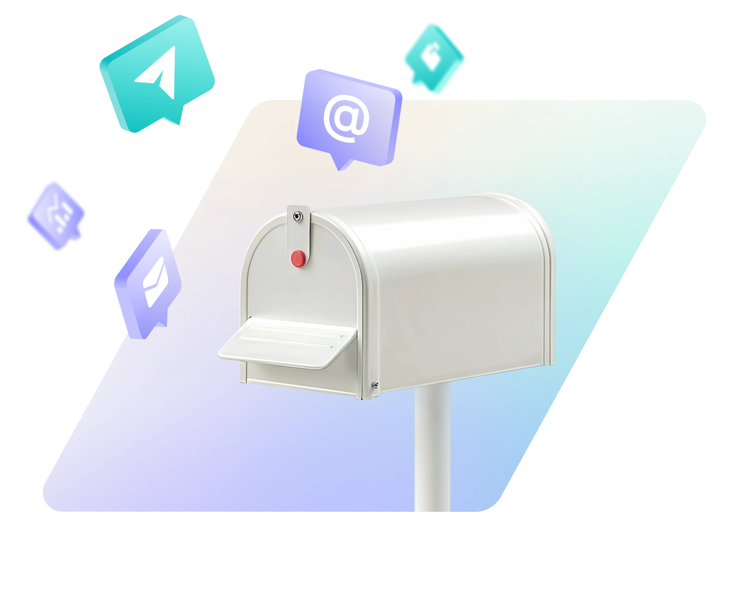 White mailbox on a post with floating icons representing email and messaging.