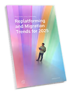 Cover of a report titled 'The State of eCommerce: Replatforming and Migration Trends for 2025' with a man standing against a colorful gradient background.
