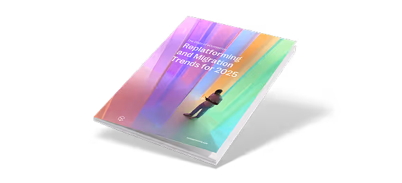 Book titled 'The Future of Replatforming and Migration Trends for 2025' with a person sitting and colorful abstract background.