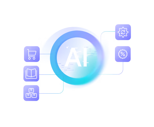 Central AI icon connected to five smaller icons representing shopping cart, book, boxes, gear, and percentage symbol, symbolizing AI applications.