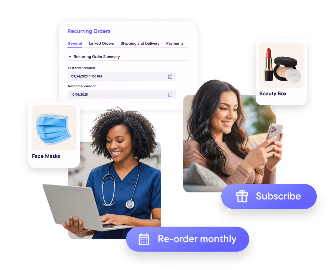 Collage showing a healthcare worker using a laptop, a smiling woman using a smartphone, icons of face masks and beauty box products, and interface elements for recurring orders with 'Subscribe' and 'Re-order monthly' buttons.