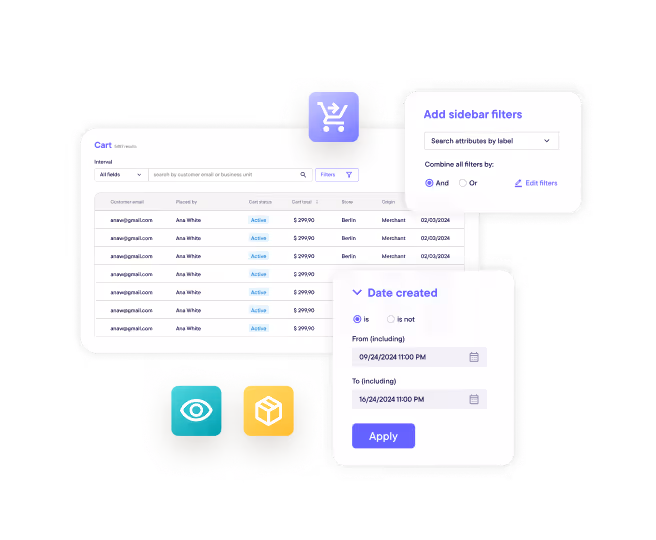User interface showing a real-time cart visibility dashboard with customer email list, filters sidebar for date created, and icons for view and package actions.