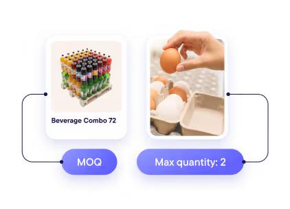 Two images showing inventory: Beverage Combo 72 with various bottled drinks and a hand holding an egg above an egg carton, indicating a max quantity of 2.