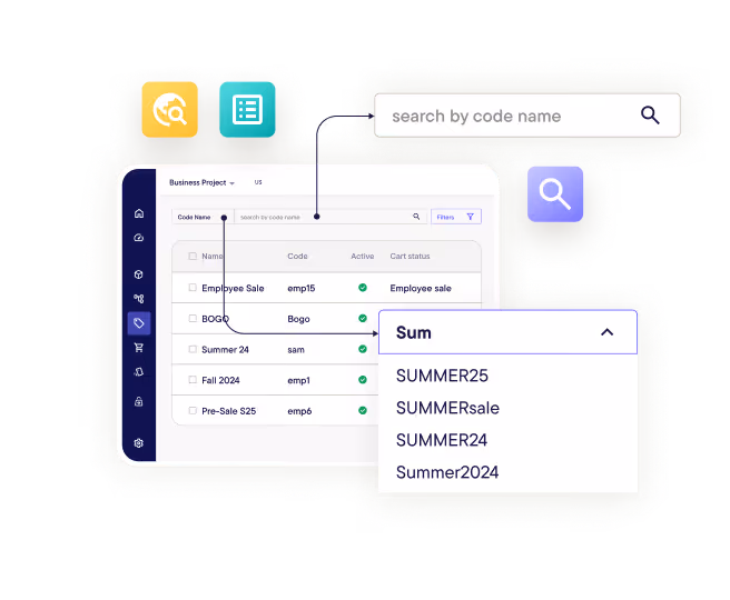 User interface displaying a discount code search feature with a list of codes like Employee Sale, BOGO, and Summer 24, including a search bar and filter option.