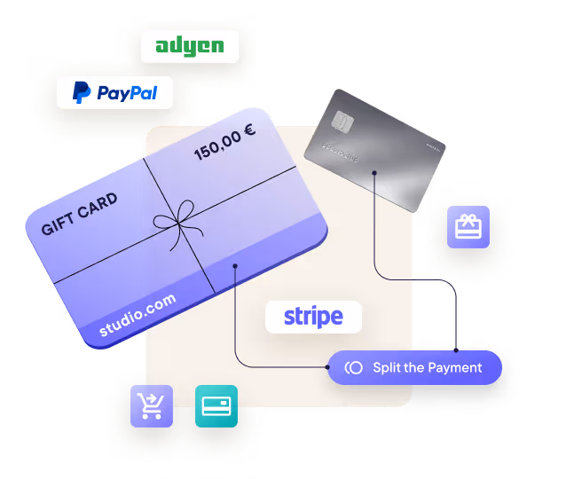 Digital illustration showing a 150 Euro gift card labeled studio.com among icons and logos of PayPal, Adyen, Stripe, and a silver credit card, highlighting payment options and split payment feature.