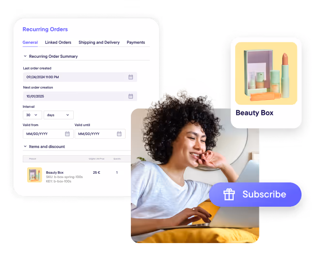 Interface of recurring orders with fields for last and next order dates, interval selection, and item details, alongside a smiling woman using a laptop and a beauty box product image with a subscribe button.